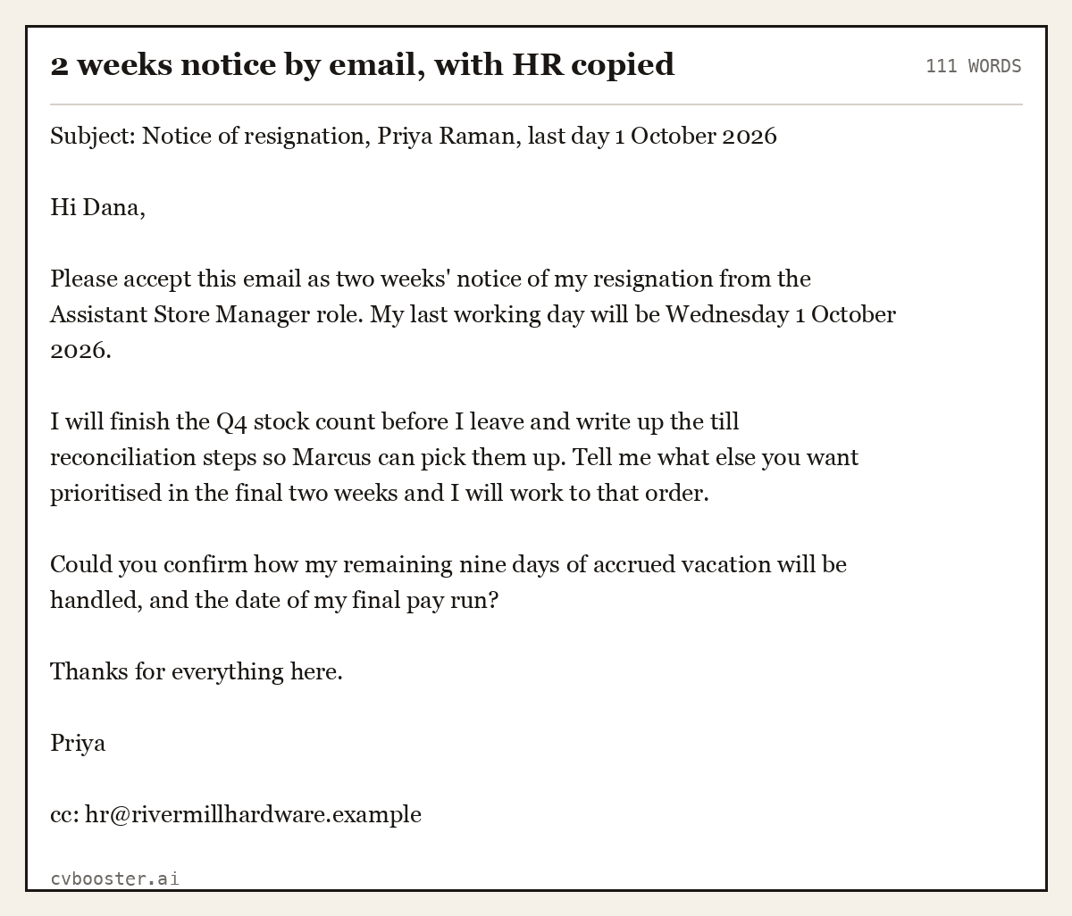 Complete 2 weeks notice by email, with HR copied example, 111 words, laid out as it would sit in the application form