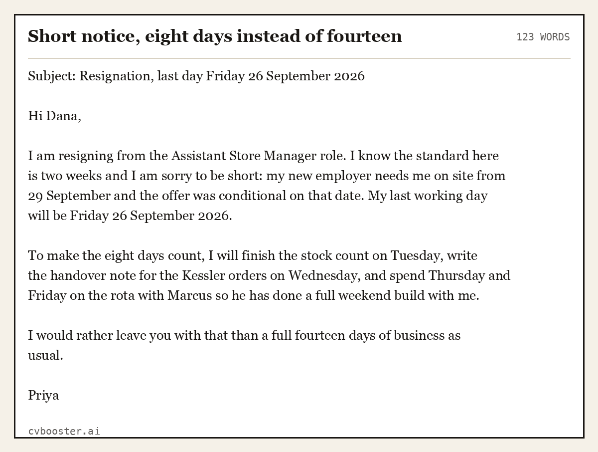 Complete Short notice, eight days instead of fourteen example, 123 words, laid out as it would sit in the application form