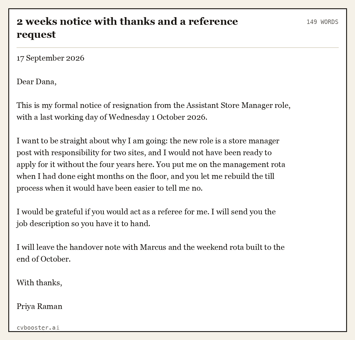 Complete 2 weeks notice with thanks and a reference request example, 149 words, laid out as it would sit in the application form