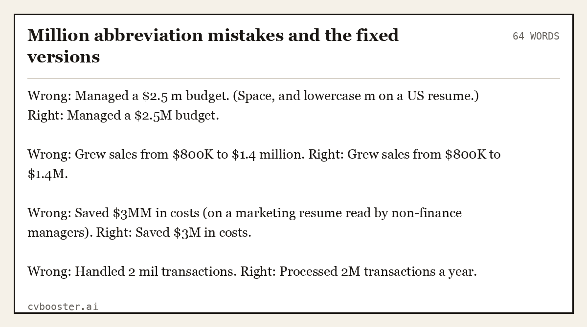 Million abbreviation mistakes and the fixed versions, complete example, 64 words