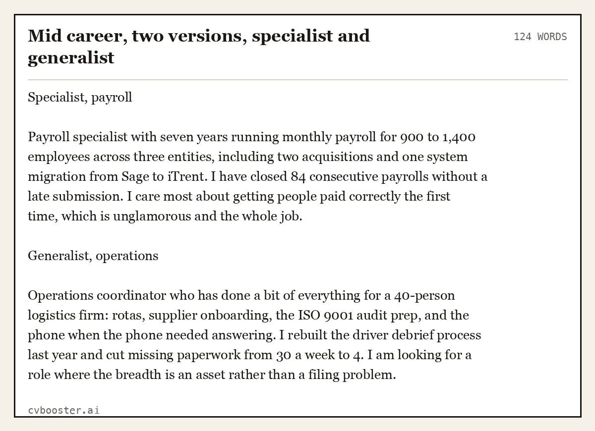 Complete Mid career, two versions, specialist and generalist example, 124 words, laid out as it would sit in the application form