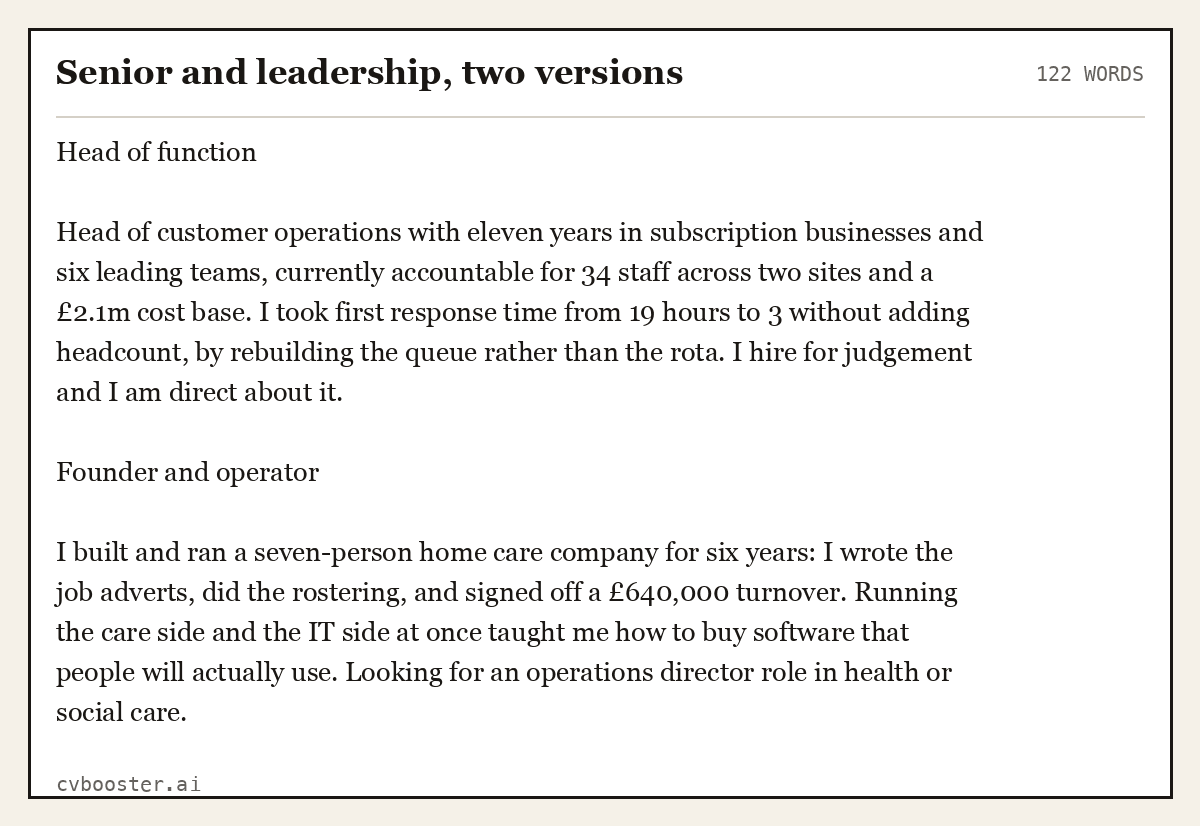 Complete Senior and leadership, two versions example, 122 words, laid out as it would sit in the application form