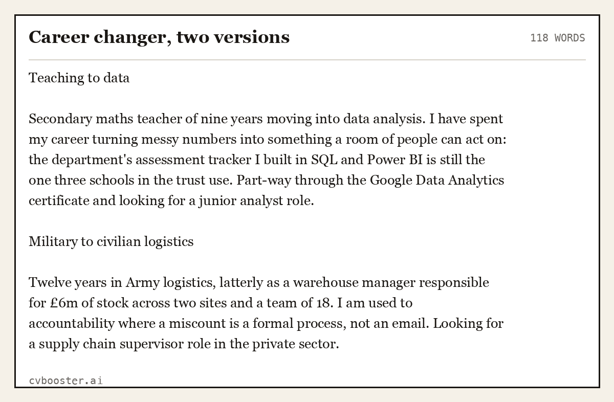 Complete Career changer, two versions example, 118 words, laid out as it would sit in the application form