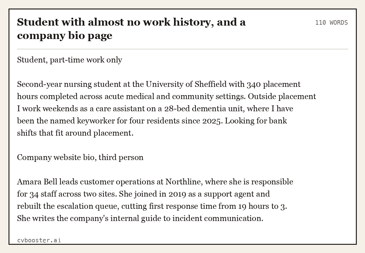 Complete Student with almost no work history, and a company bio page example, 110 words, laid out as it would sit in the application form
