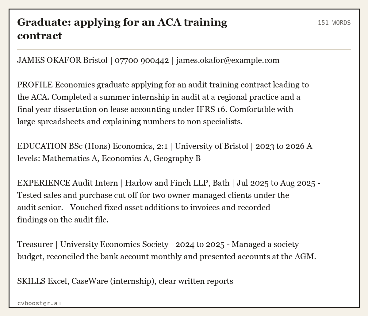 Complete Graduate: applying for an ACA training contract example, 151 words, laid out as it would sit in the application form