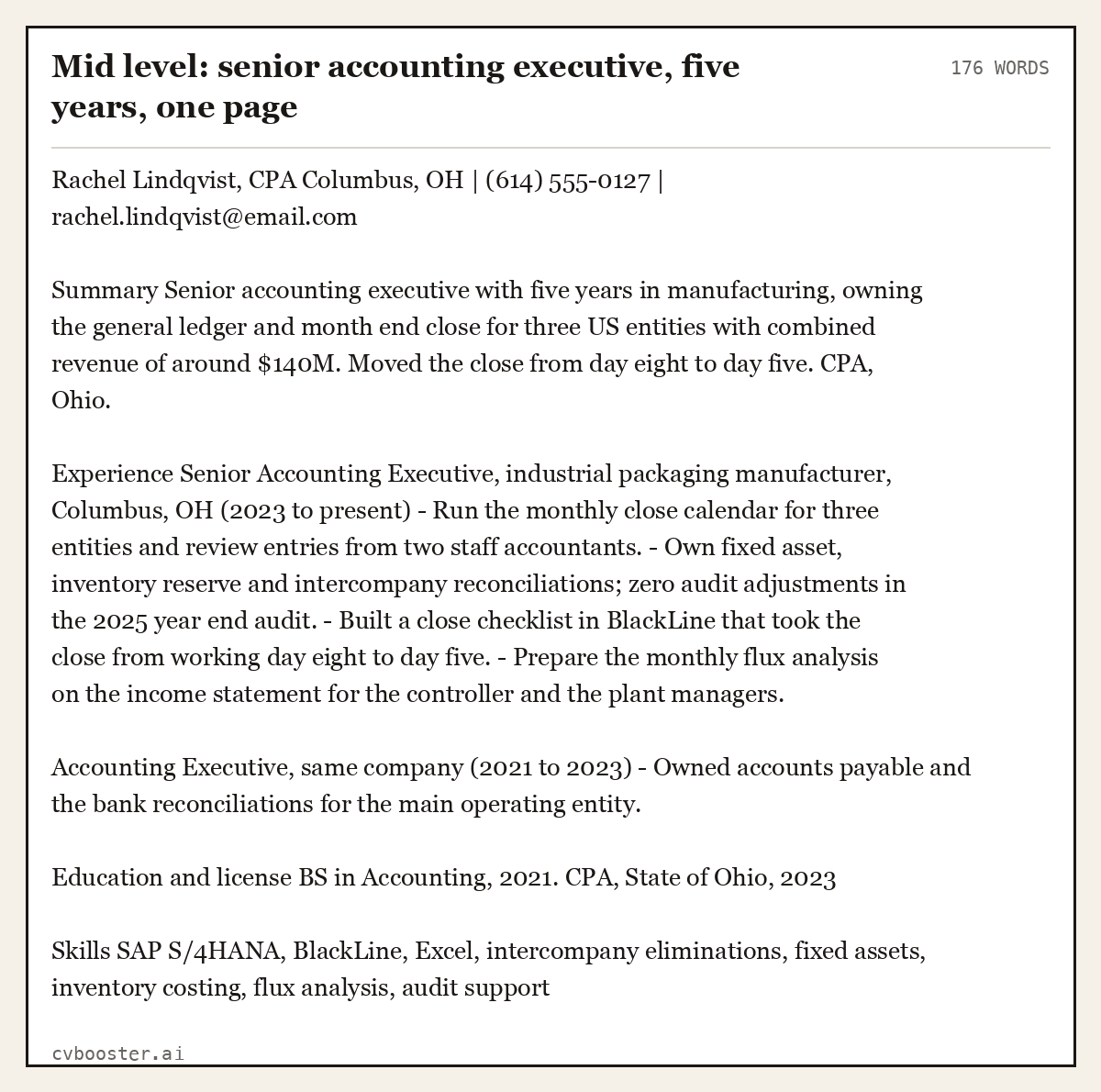 Complete Mid level: senior accounting executive, five years, one page example, 176 words, laid out as it would sit in the application form