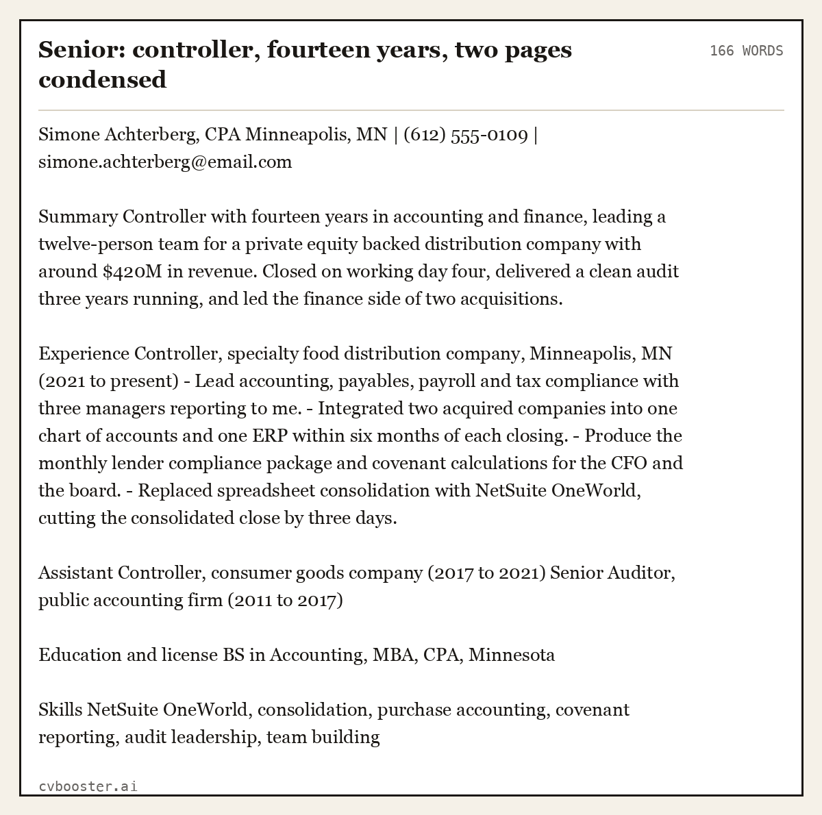 Complete Senior: controller, fourteen years, two pages condensed example, 166 words, laid out as it would sit in the application form