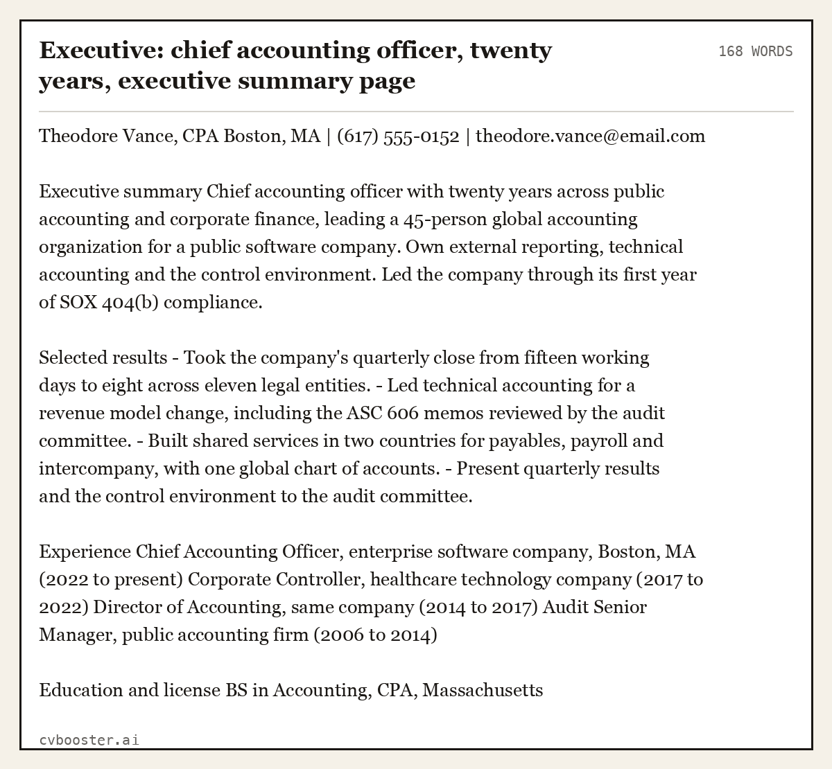 Complete Executive: chief accounting officer, twenty years, executive summary page example, 168 words, laid out as it would sit in the application form
