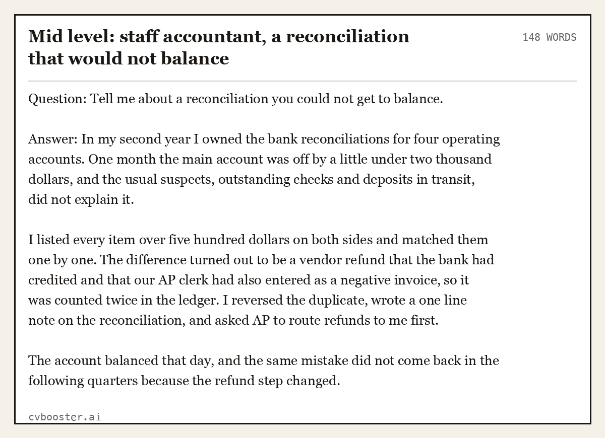 Complete Mid level: staff accountant, a reconciliation that would not balance example, 148 words, laid out as it would sit in the application form