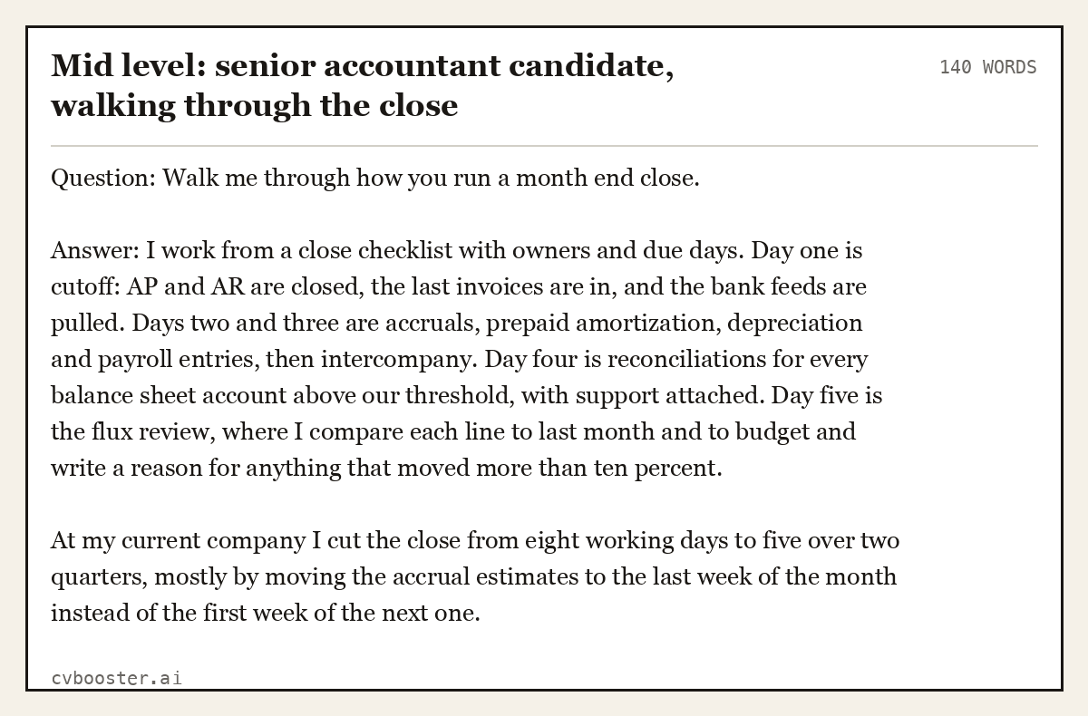 Complete Mid level: senior accountant candidate, walking through the close example, 140 words, laid out as it would sit in the application form