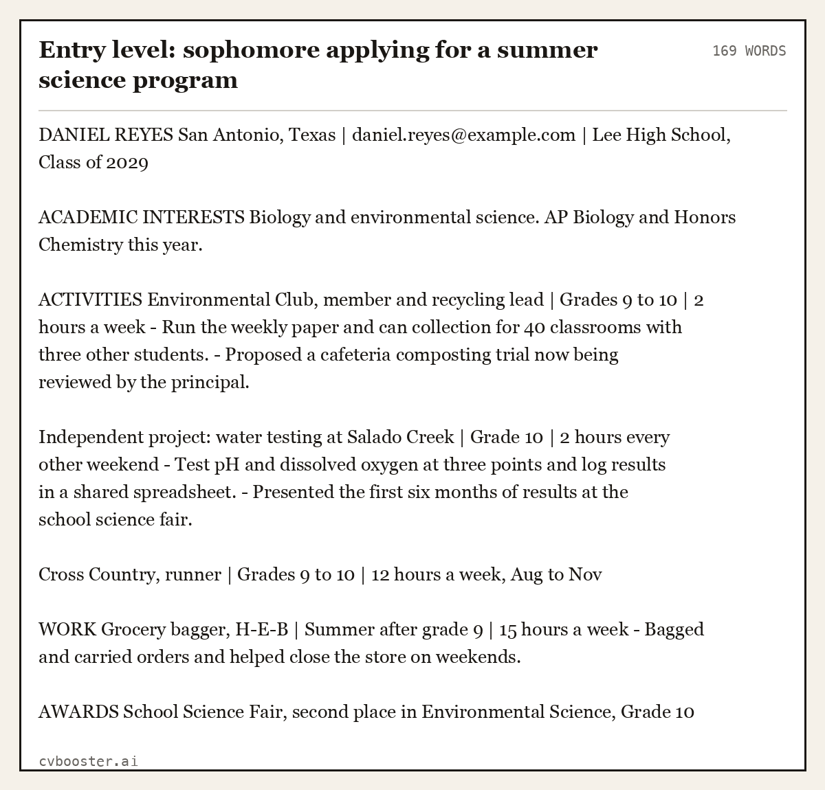Complete Entry level: sophomore applying for a summer science program example, 169 words, laid out as it would sit in the application form