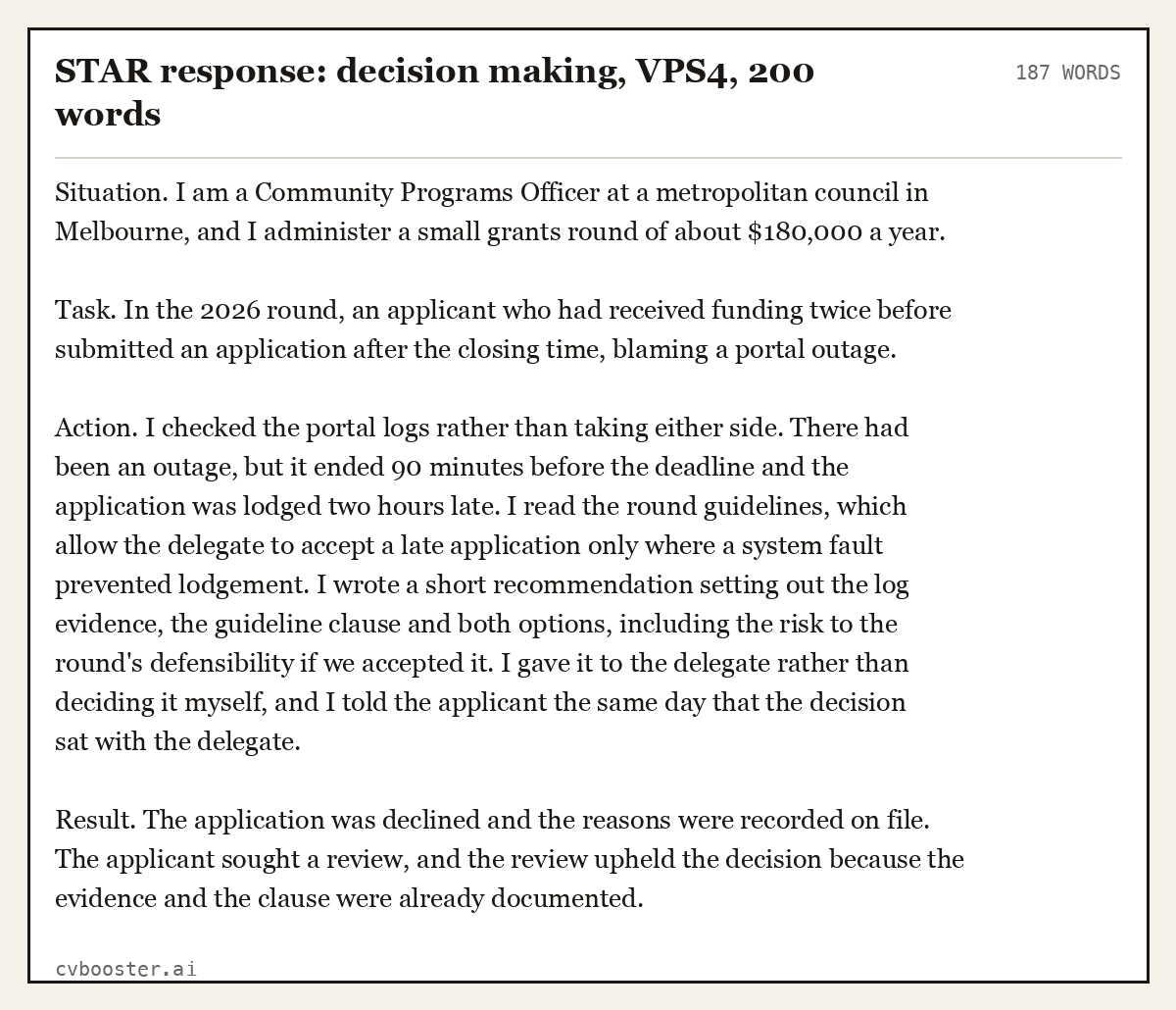 Complete STAR response: decision making, VPS4 example, 187 words, laid out as it would sit in the application form
