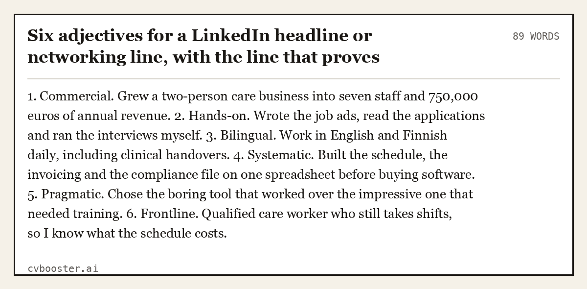Complete Six adjectives for a LinkedIn headline or networking line, with the line that proves each example, 89 words, laid out as it would sit in the application form