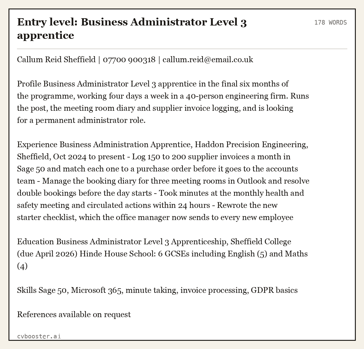 Complete Entry level: Business Administrator Level 3 apprentice example, 178 words, laid out as it would sit in the application form