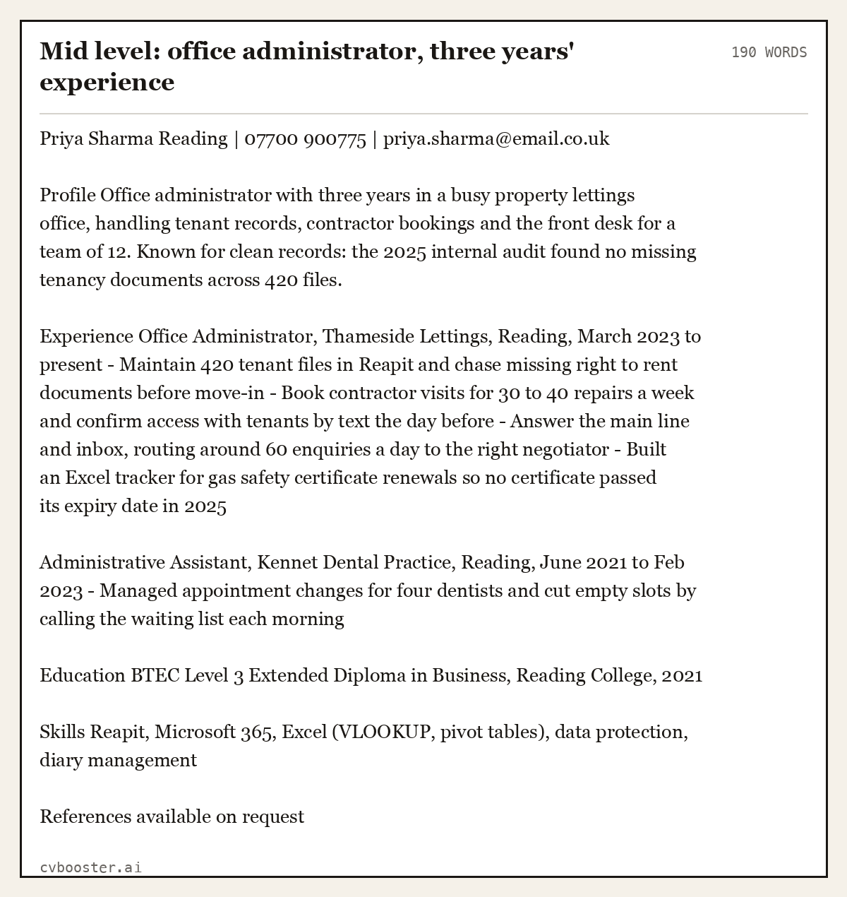 Complete Mid level: office administrator, three years' experience example, 190 words, laid out as it would sit in the application form