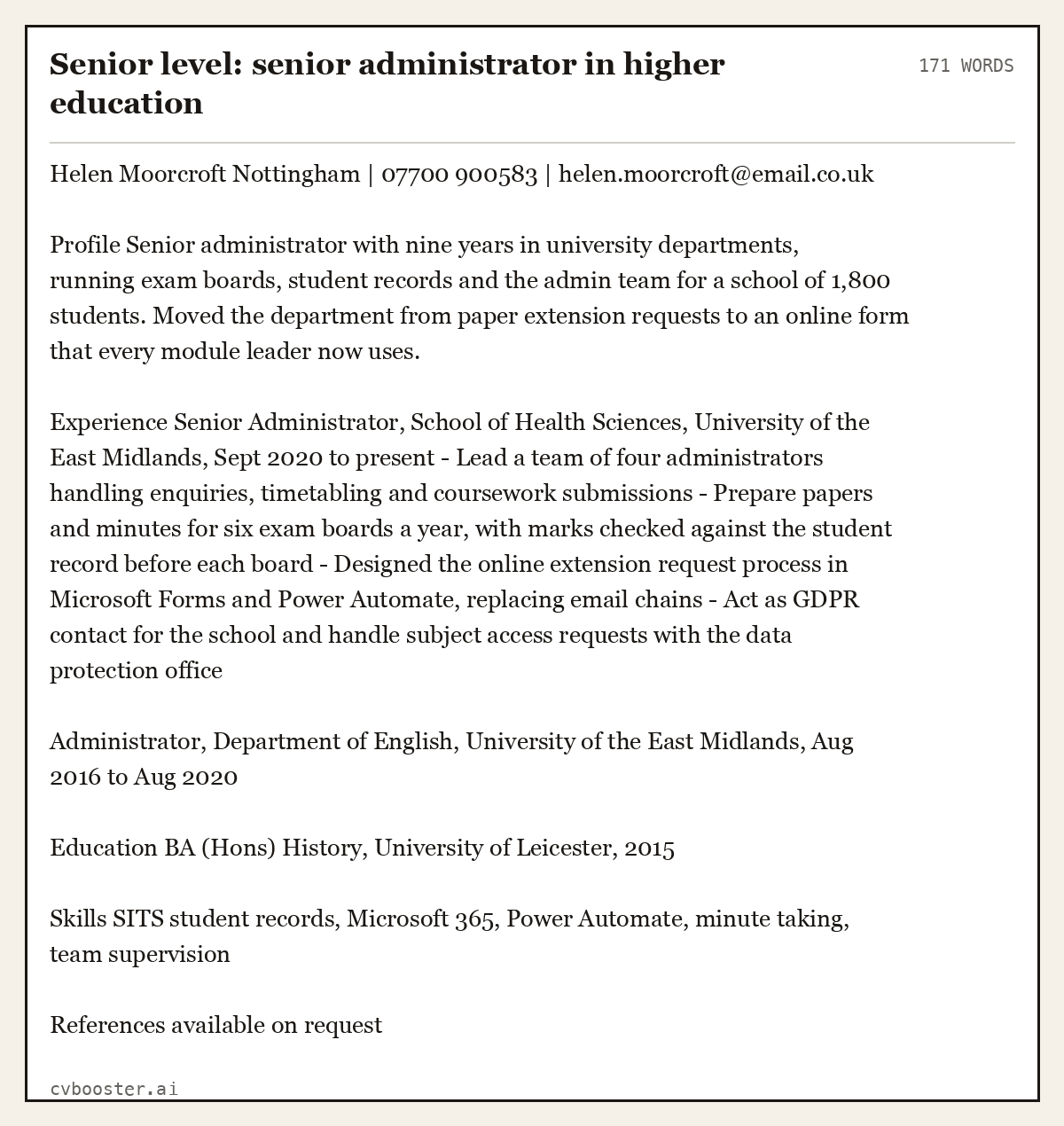 Complete Senior level: senior administrator in higher education example, 171 words, laid out as it would sit in the application form