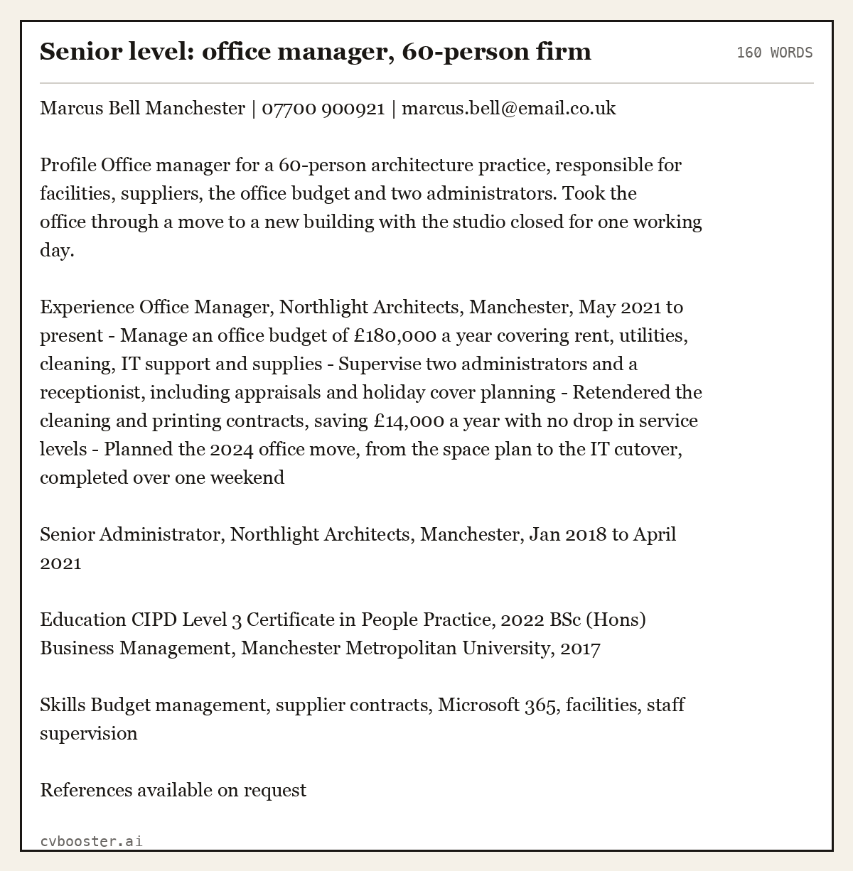 Complete Senior level: office manager, 60-person firm example, 160 words, laid out as it would sit in the application form