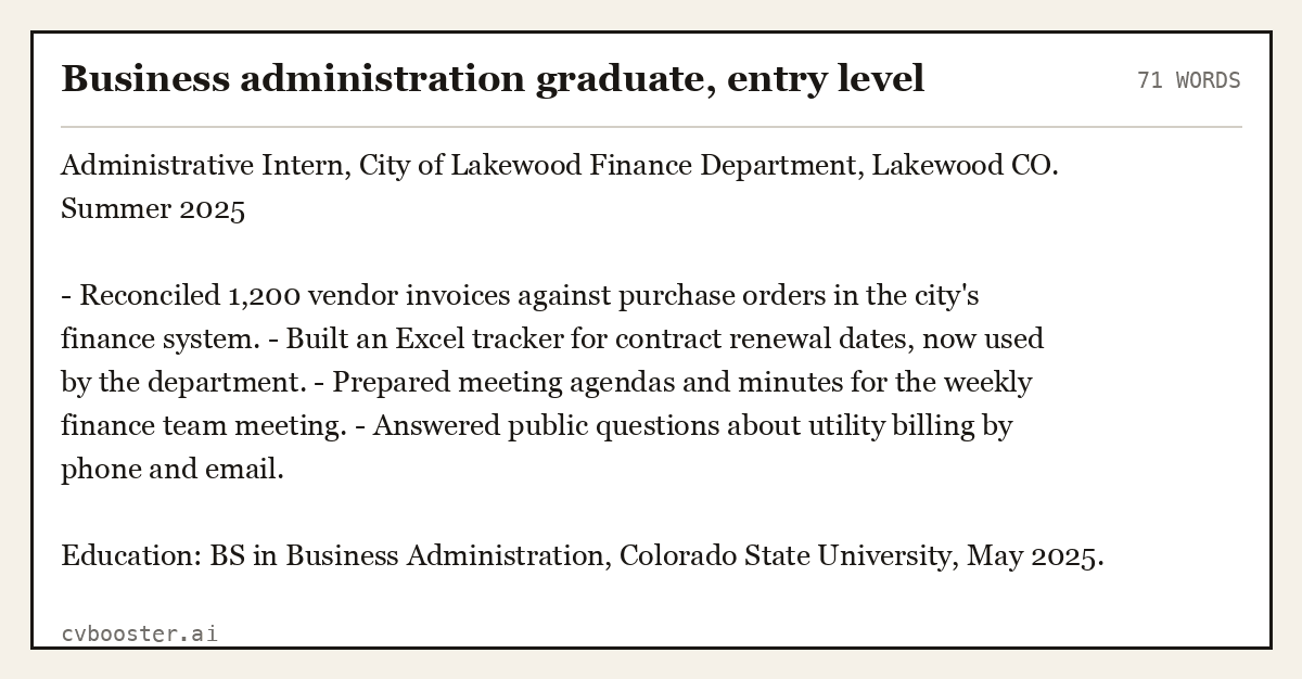 Complete Business administration graduate, entry level example, 71 words, laid out as it would sit in the application form