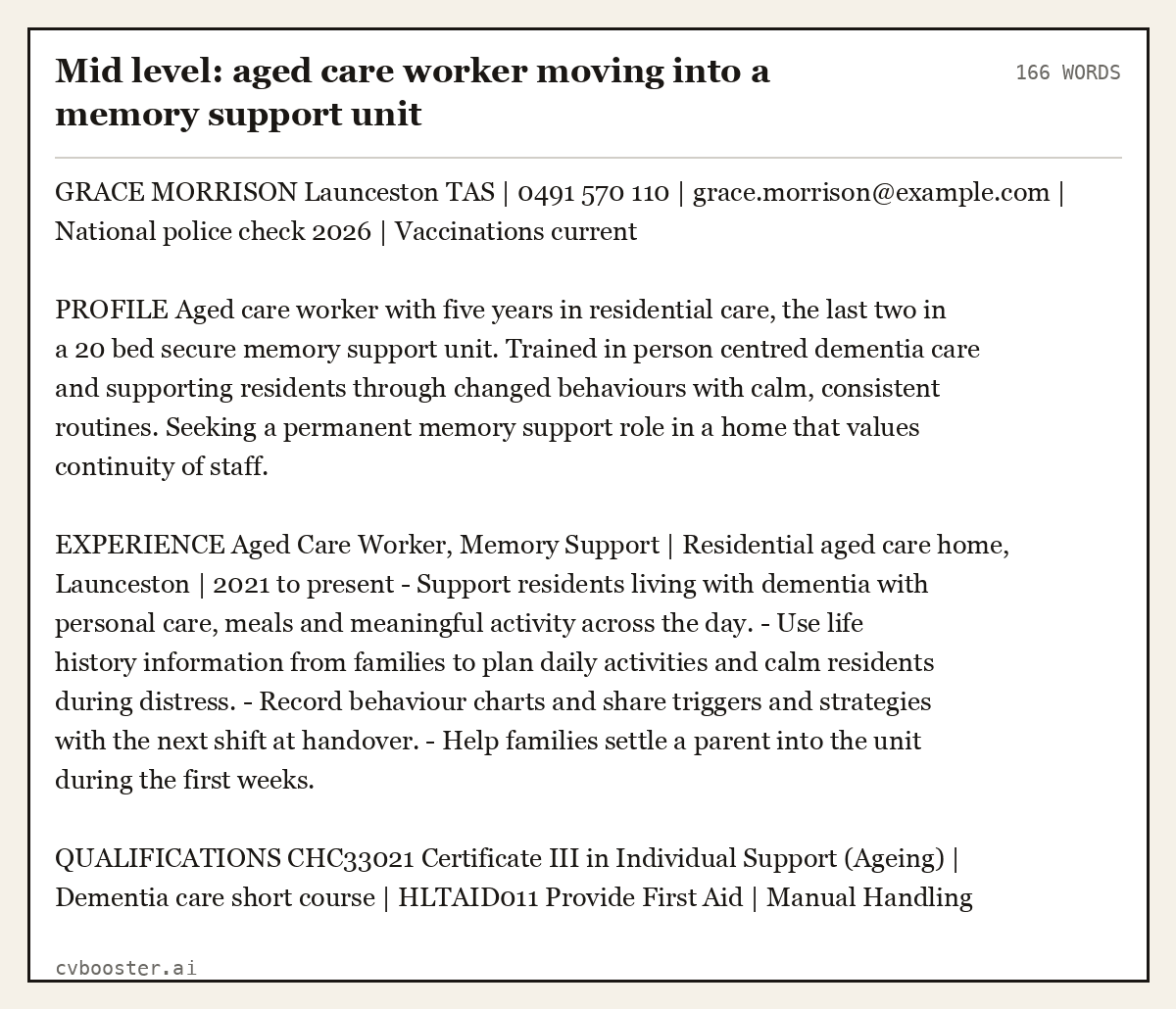 Complete Mid level: aged care worker moving into a memory support unit example, 166 words, laid out as it would sit in the application form
