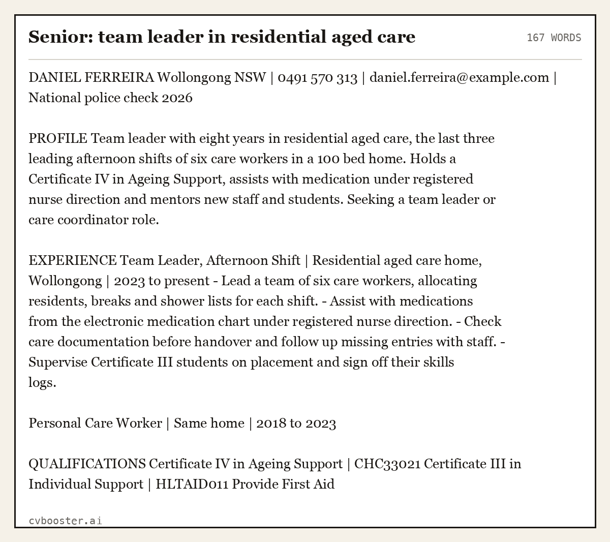 Complete Senior: team leader in residential aged care example, 167 words, laid out as it would sit in the application form