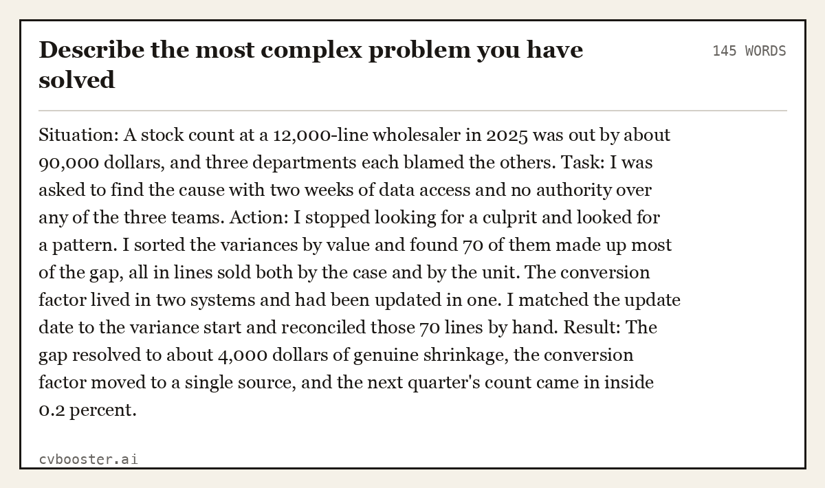 Full interview answer to "Describe the most complex problem you have solved", 145 words, labelled Situation, Task, Action, Result