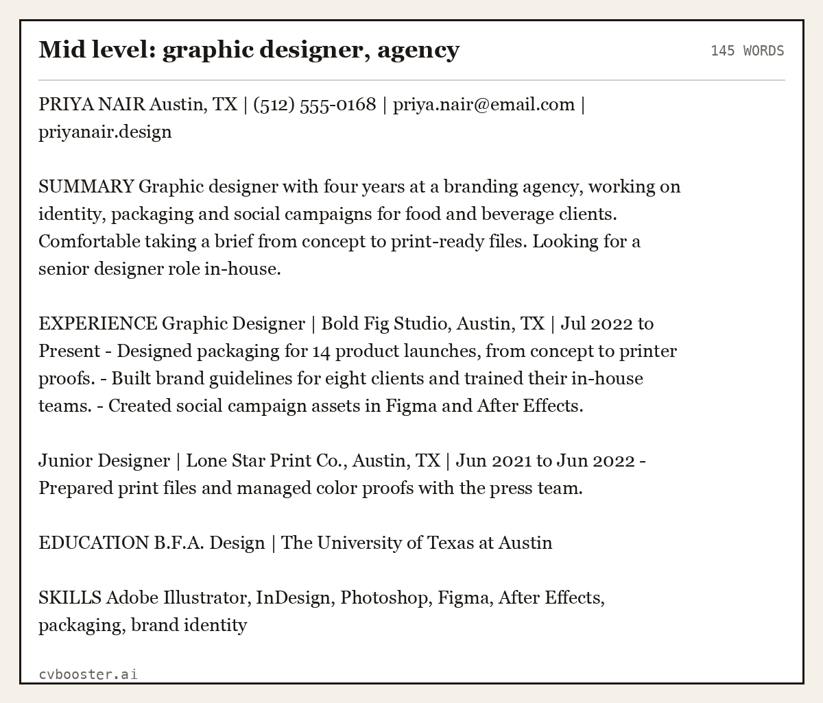 Complete Mid level: graphic designer, agency example, 145 words, laid out as it would sit in the application form
