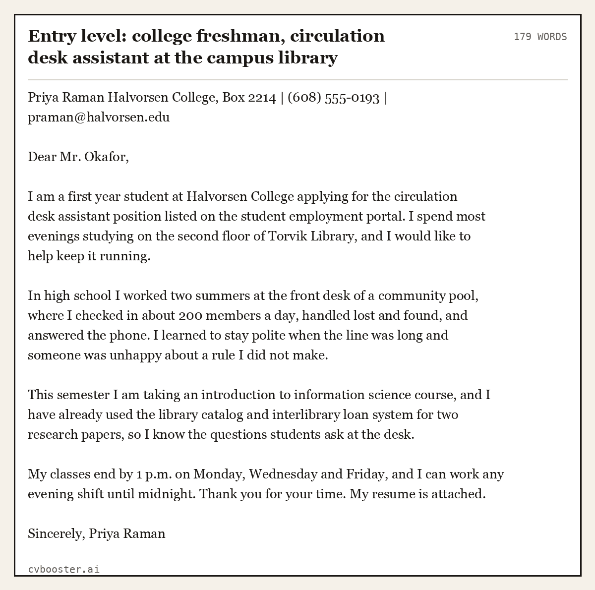 Complete Entry level: college freshman, circulation desk assistant at the campus library example, 179 words, laid out as it would sit in the application form