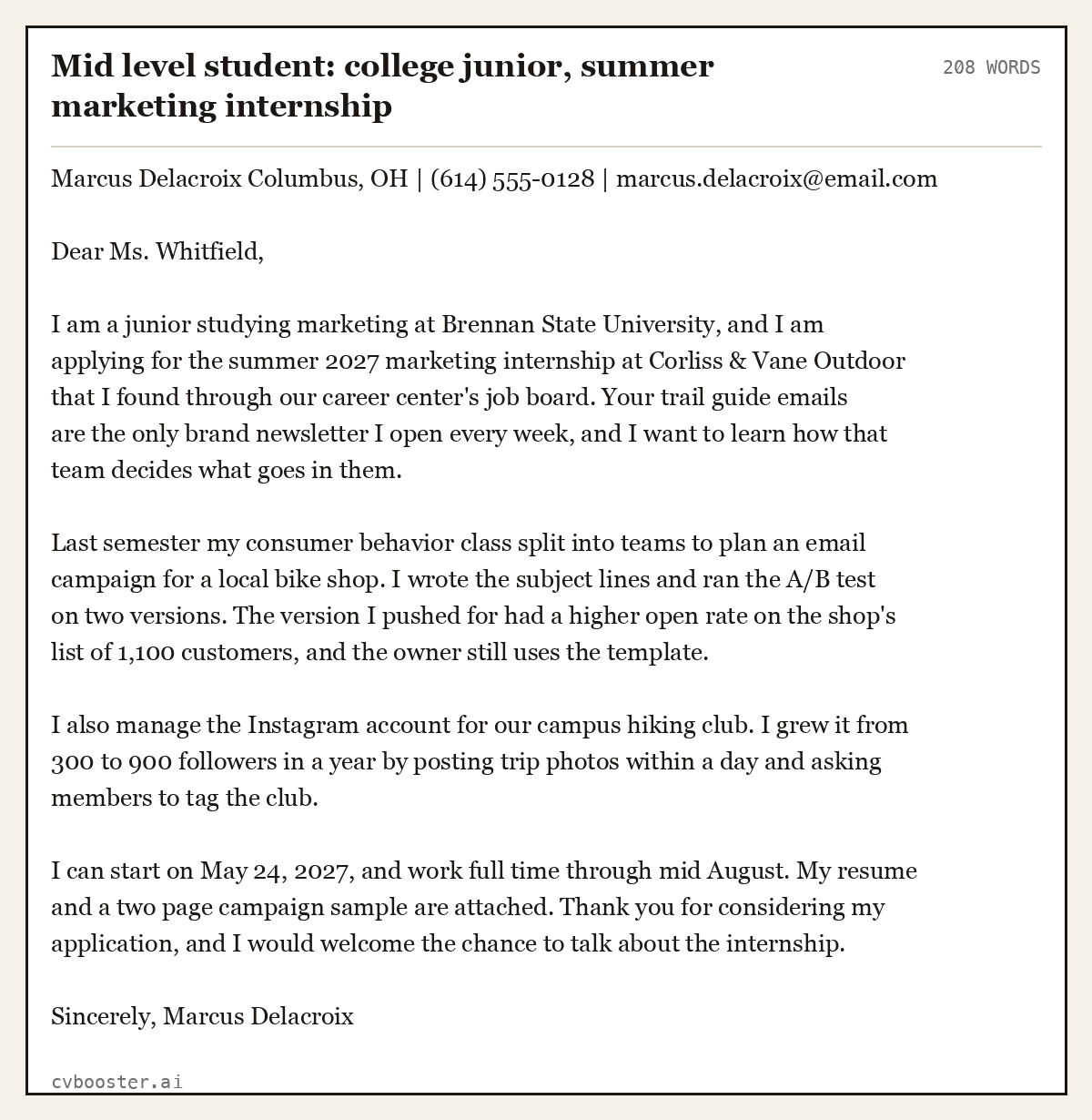 Complete Mid level student: college junior, summer marketing internship example, 208 words, laid out as it would sit in the application form