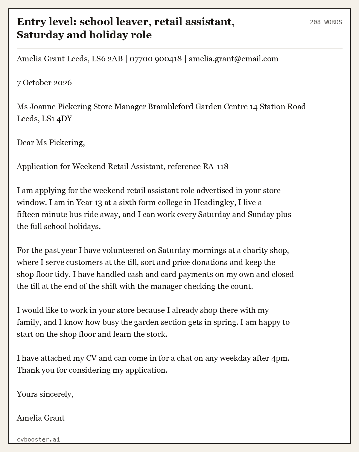 Complete Entry level: school leaver, retail assistant, Saturday and holiday role example, 208 words, laid out as it would sit in the application form