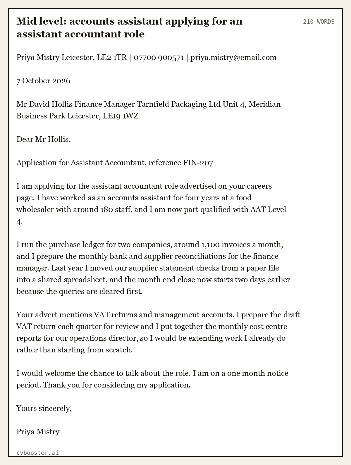 Complete Mid level: accounts assistant applying for an assistant accountant role example, 210 words, laid out as it would sit in the application form