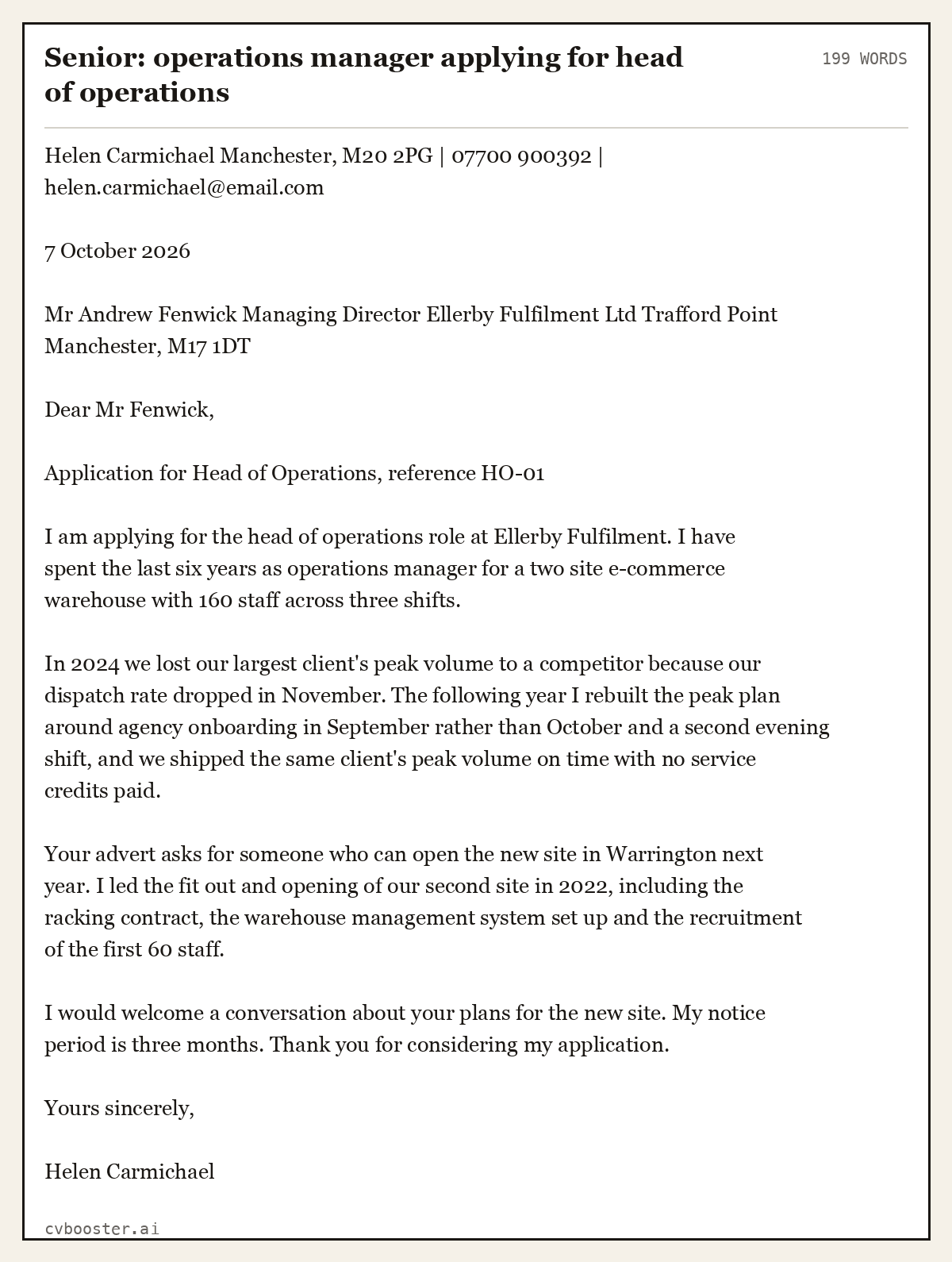 Complete Senior: operations manager applying for head of operations example, 199 words, laid out as it would sit in the application form