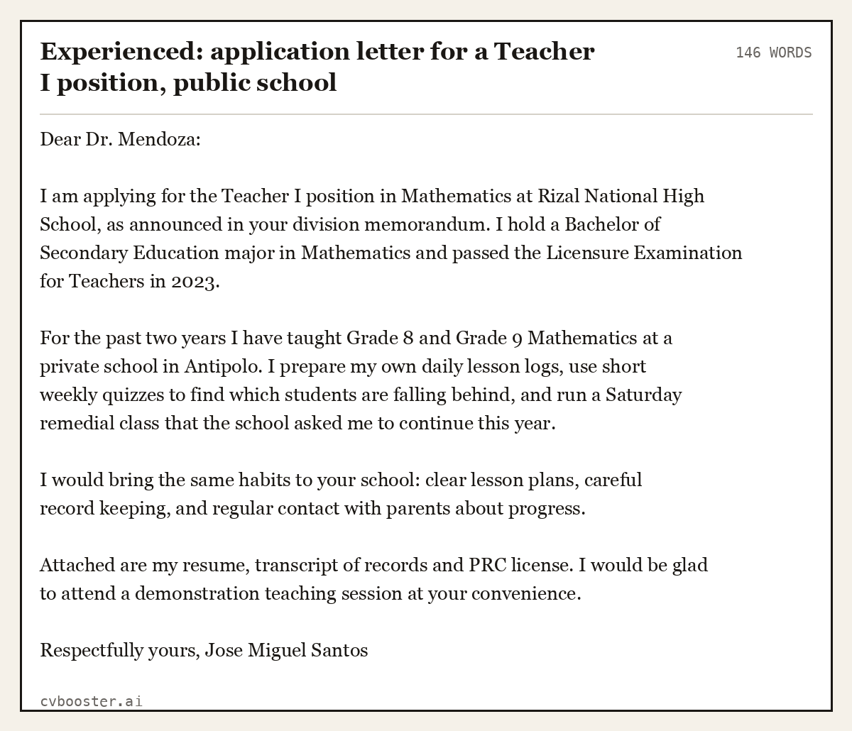 Experienced: application letter for a Teacher I position, public school, complete example, 146 words