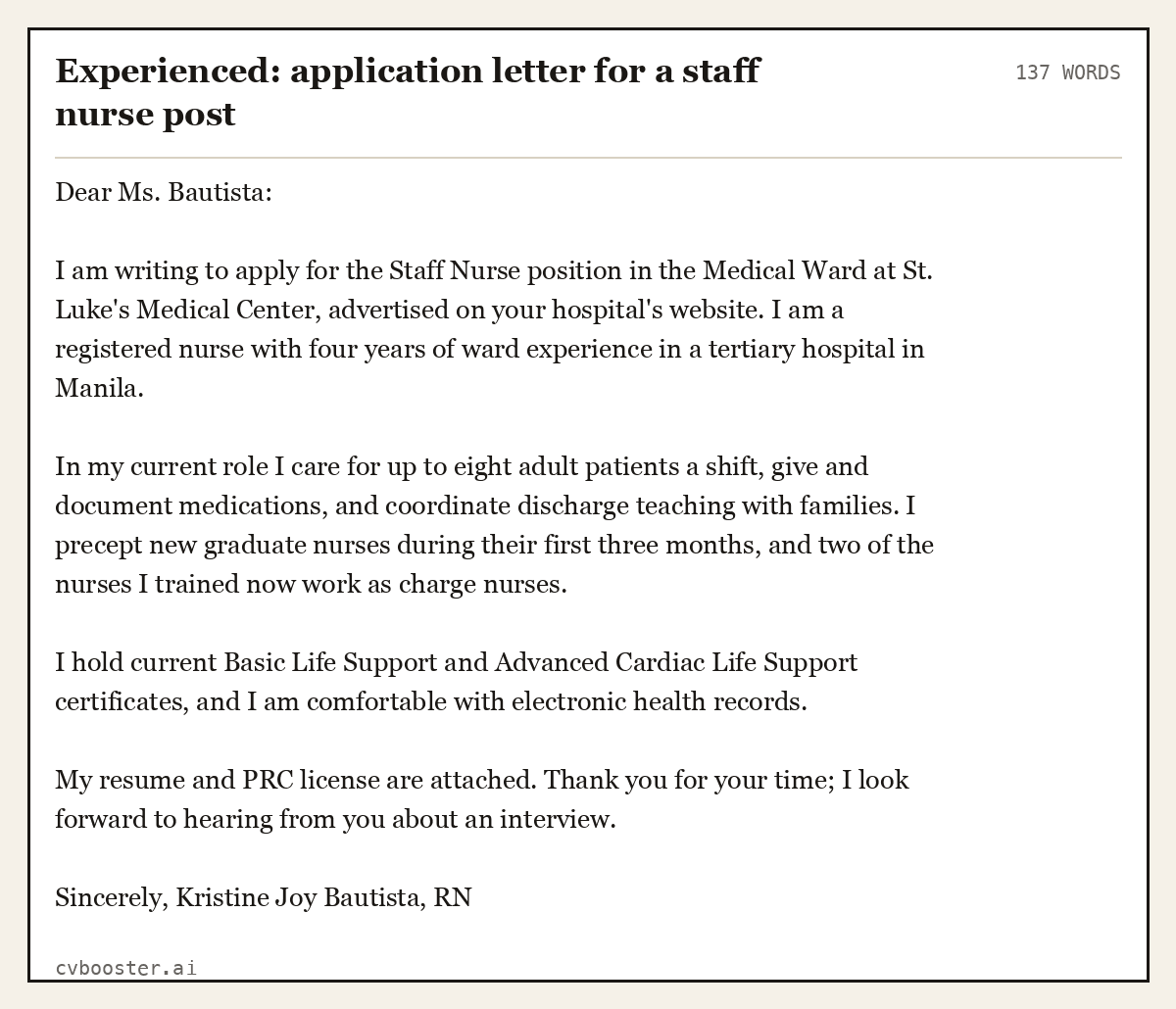 Experienced: application letter for a staff nurse post, complete example, 137 words