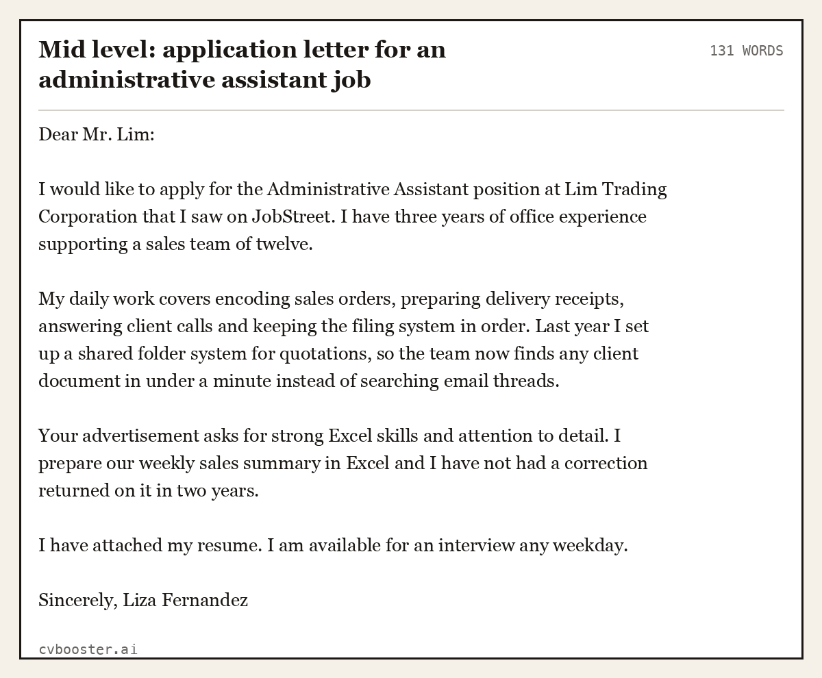 Mid level: application letter for an administrative assistant job, complete example, 131 words