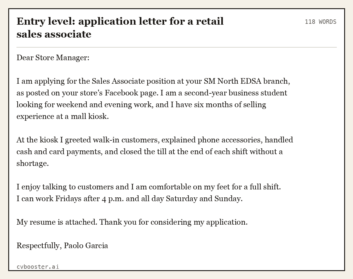 Entry level: application letter for a retail sales associate, complete example, 118 words