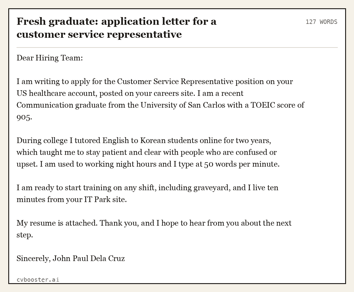 Fresh graduate: application letter for a customer service representative, complete example, 127 words