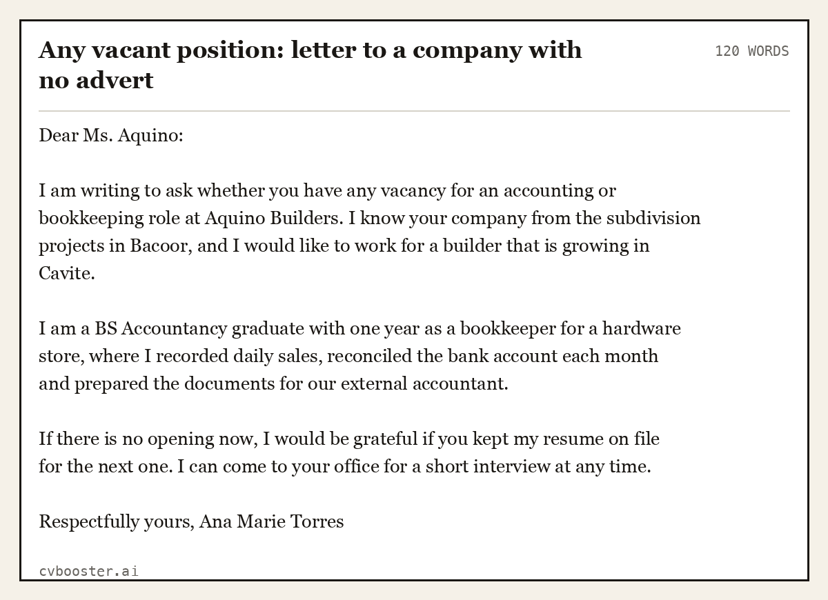 Any vacant position: letter to a company with no advert, complete example, 120 words