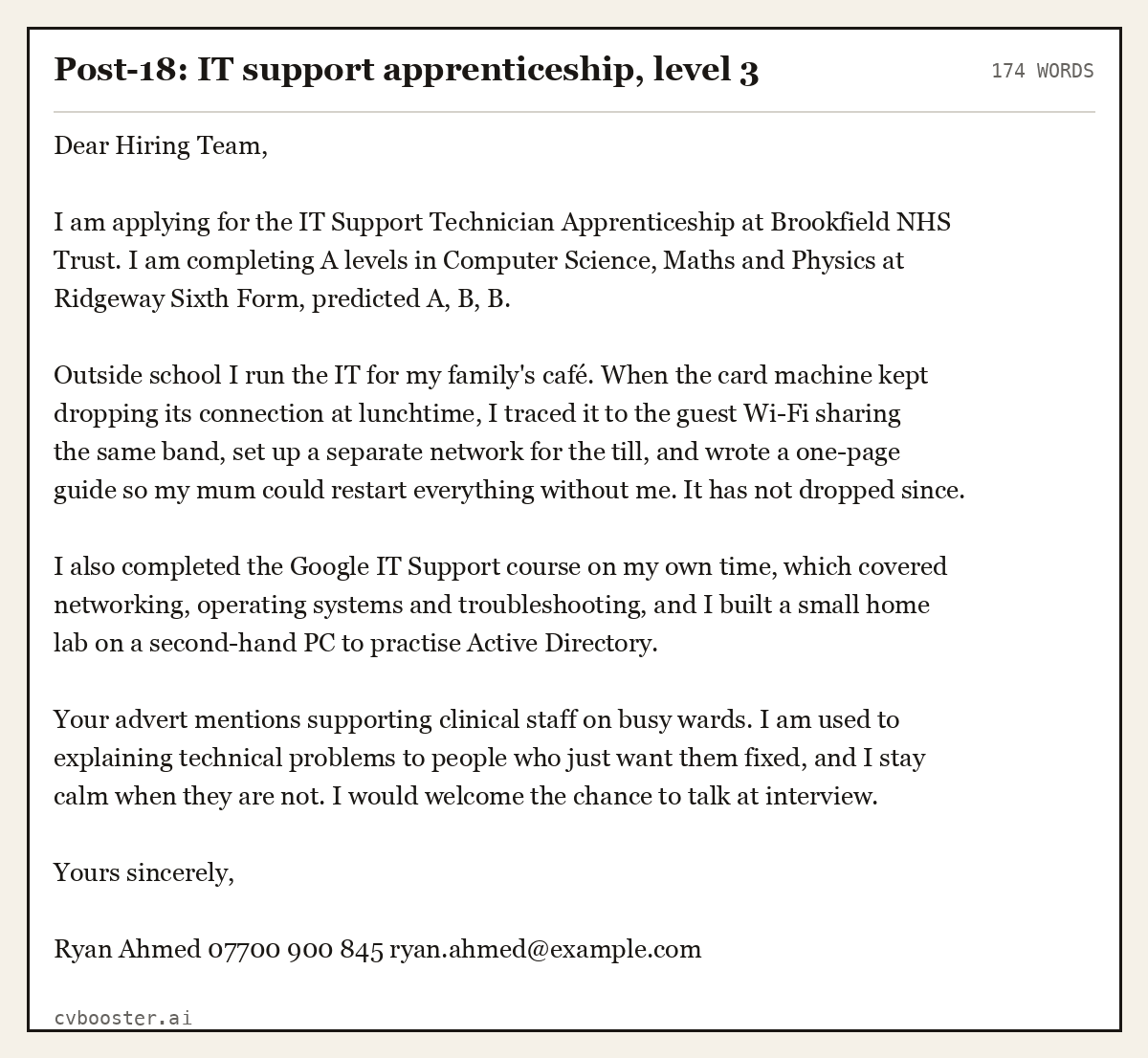 Complete Post-18: IT support apprenticeship, level 3 example, 174 words, laid out as it would sit in the application form