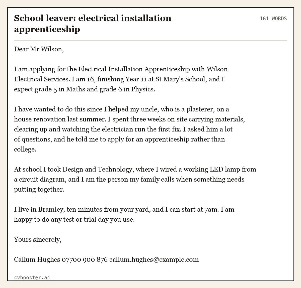 Complete School leaver: electrical installation apprenticeship example, 161 words, laid out as it would sit in the application form