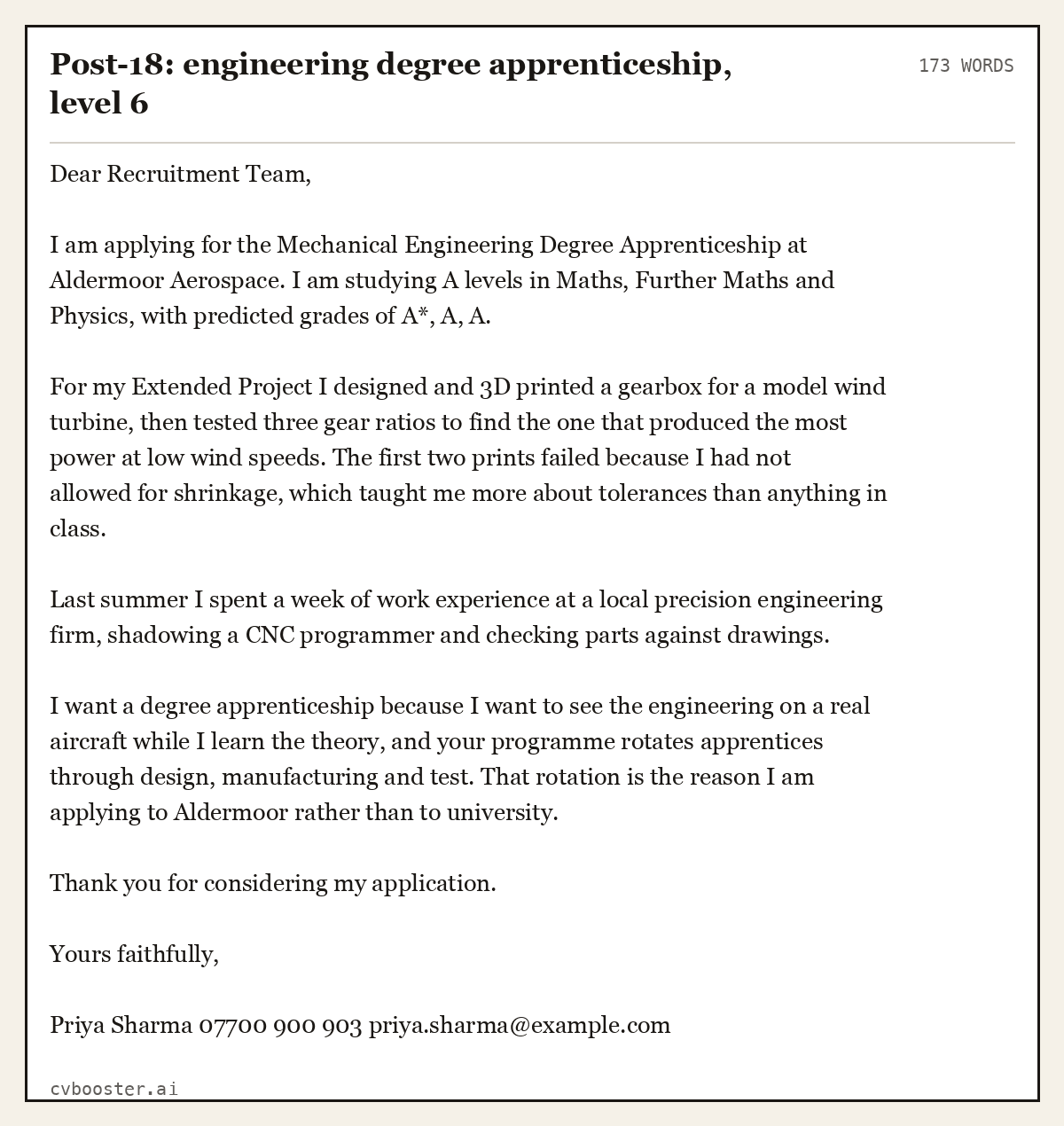 Complete Post-18: engineering degree apprenticeship, level 6 example, 173 words, laid out as it would sit in the application form