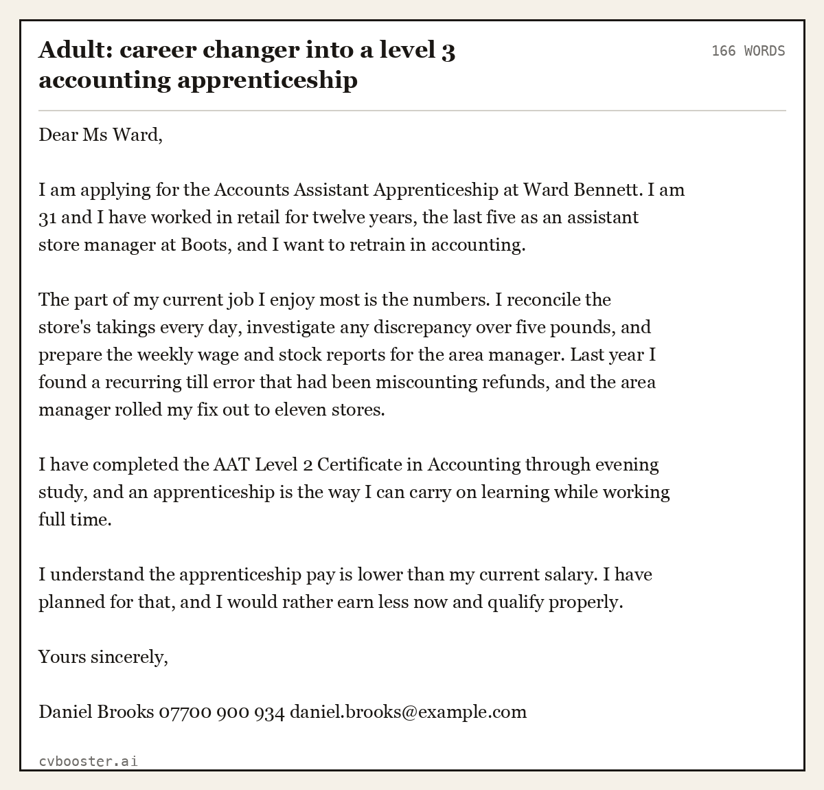 Complete Adult: career changer into a level 3 accounting apprenticeship example, 166 words, laid out as it would sit in the application form