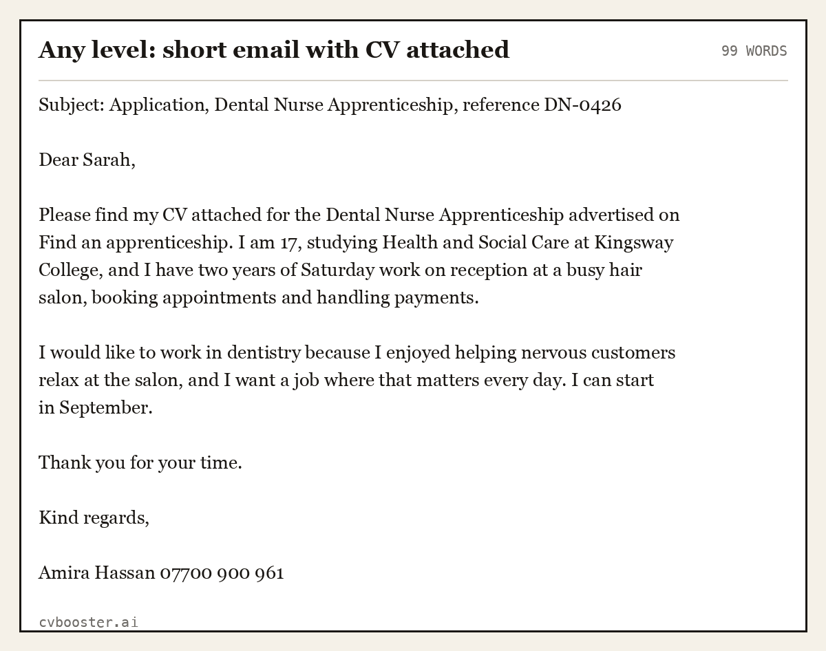 Complete Any level: short email with CV attached example, 99 words, laid out as it would sit in the application form