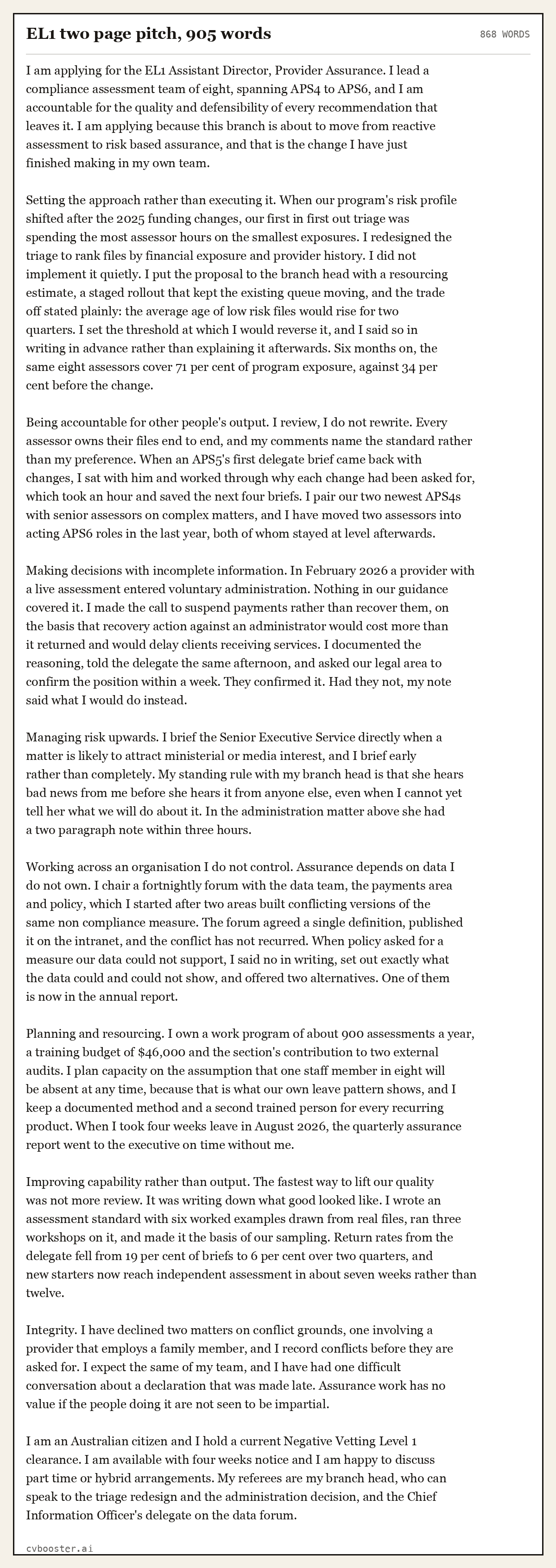Complete EL1 two page pitch example, 868 words, laid out as it would sit in the application form