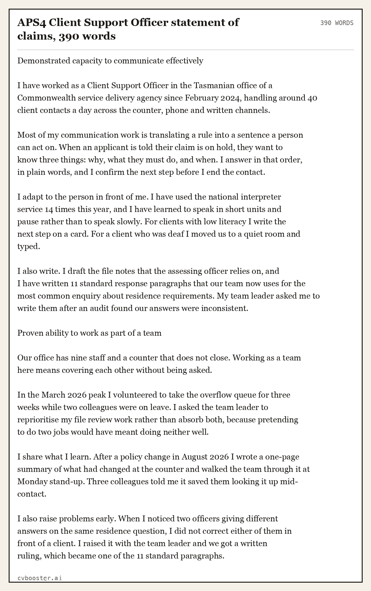 Complete APS4 Client Support Officer statement of claims example, 390 words, laid out as it would sit in the application form