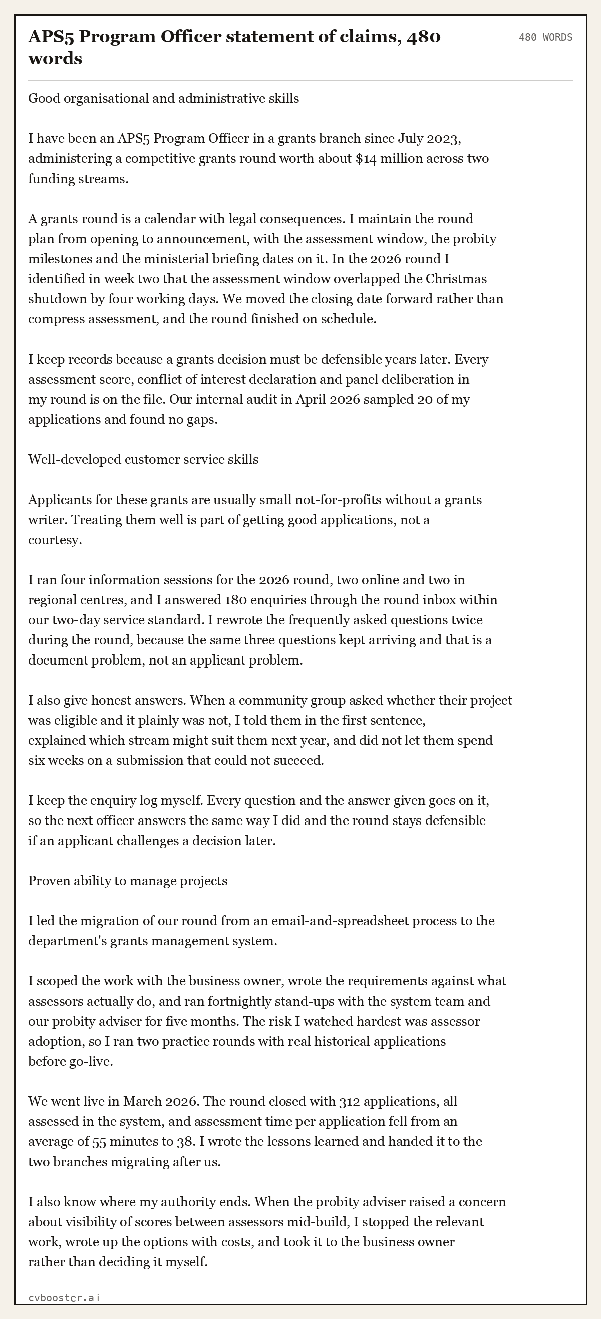 Complete APS5 Program Officer statement of claims example, 480 words, laid out as it would sit in the application form