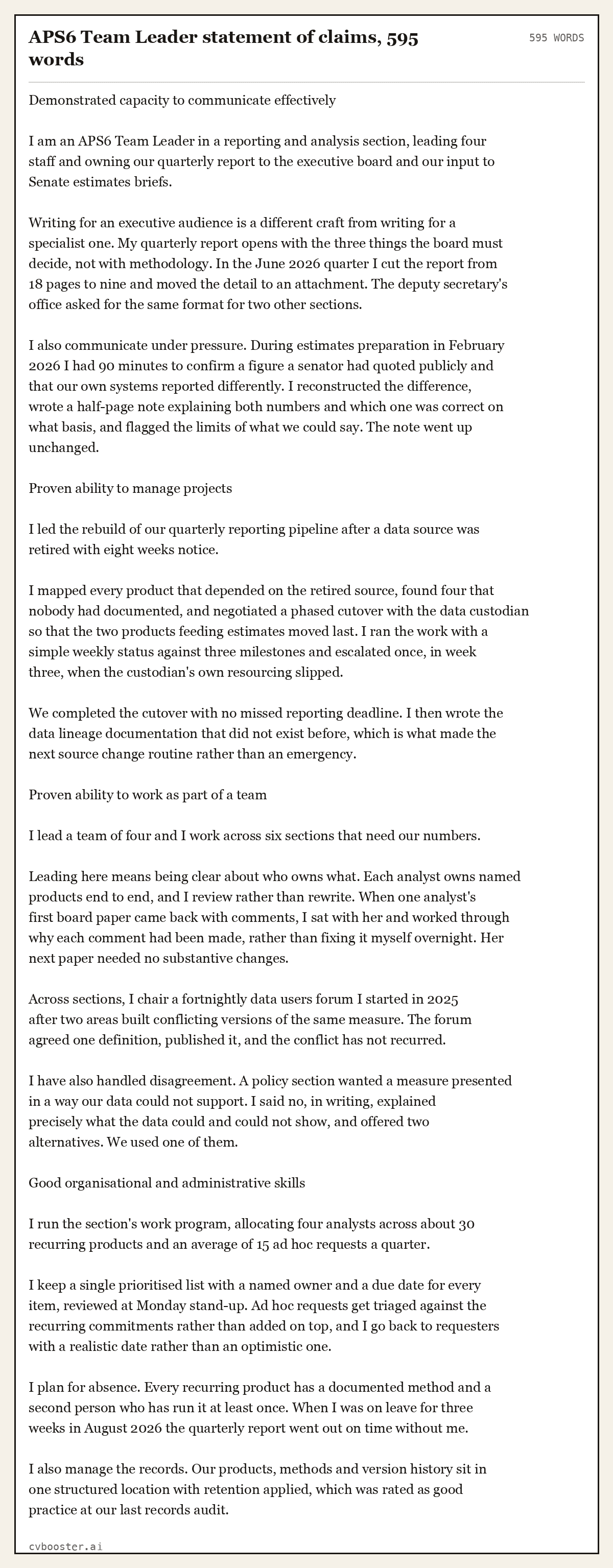 Complete APS6 Team Leader statement of claims example, 595 words, laid out as it would sit in the application form