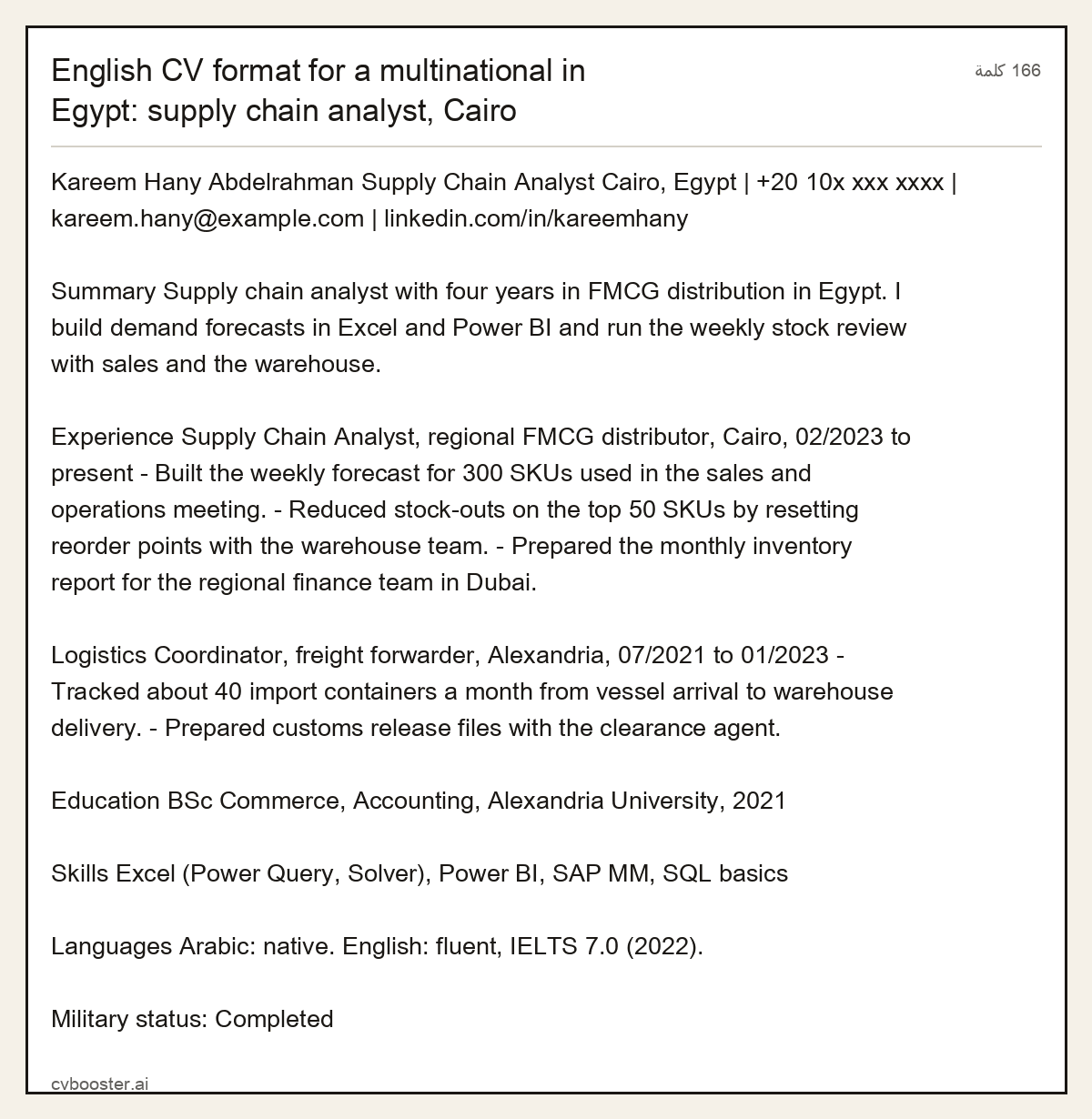 مثال كامل: English CV format for a multinational in Egypt: supply chain analyst, Cairo, 166 كلمة