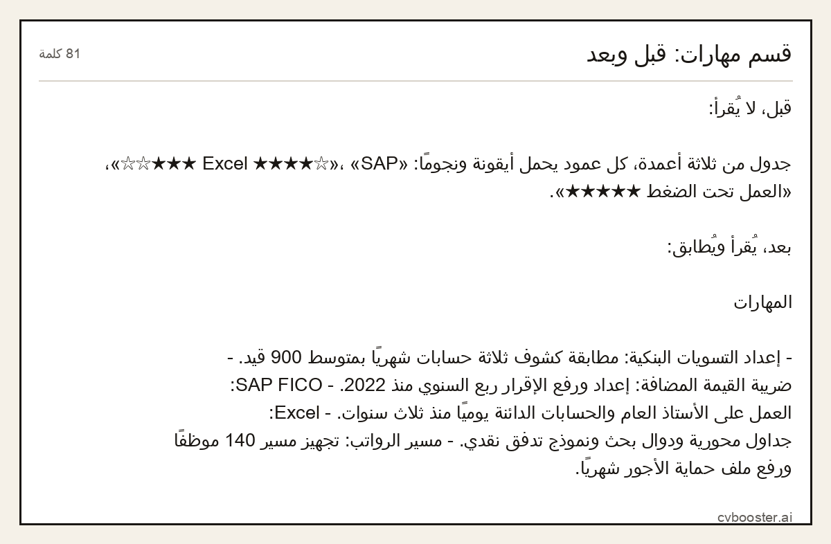 مثال كامل: قسم مهارات: قبل وبعد, 81 كلمة
