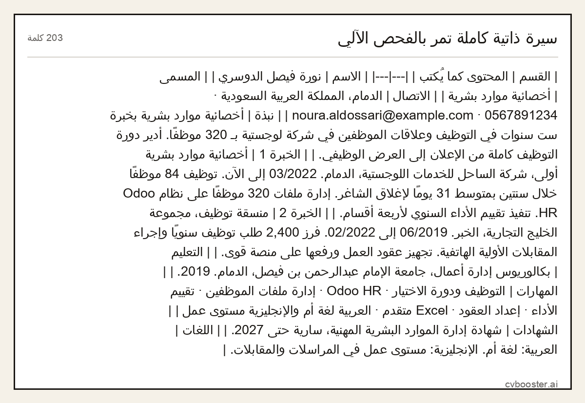 مثال كامل: سيرة ذاتية كاملة تمر بالفحص الآلي, 203 كلمة