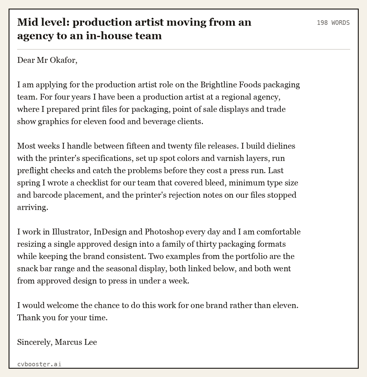Complete Mid level: production artist moving from an agency to an in-house team example, 198 words, laid out as it would sit in the application form